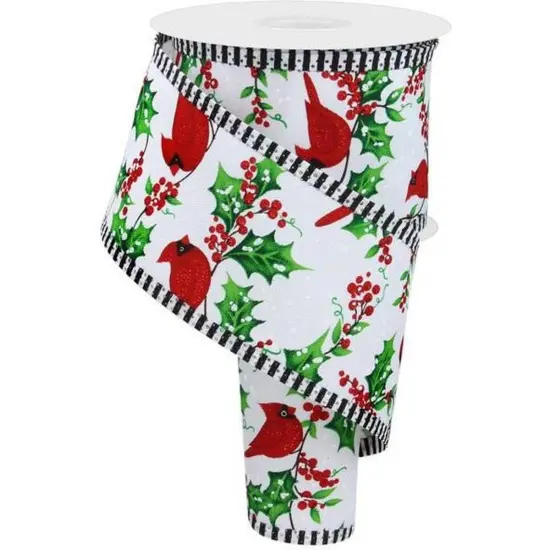 2.5" Cardinal Holly Berry Stripe Edge Ribbon: White (10 Yards) {1}