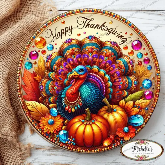 Happy Thanksgiving Jewel Turkey Round Sign {1}