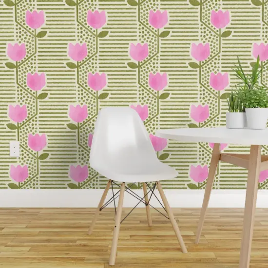 Pre-Pasted Wallpaper 2FT Wide Horizontal Stripes Vertical Floral Mixed Print Faux Texture Garden Trellis Large Scale Watercolor Custom Pre-pasted Wallpaper by Spoonflower {1}
