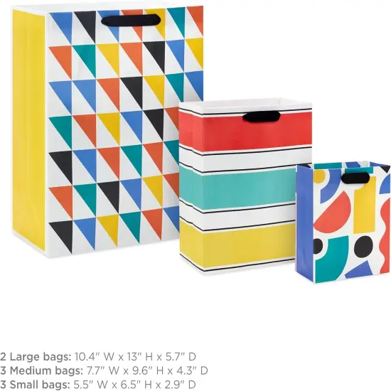 Assorted Gift Bags (8 Bags: 3 Small 6", 3 Medium 9", 2 Large 13") Colorful Stripes, Triangles, Shapes {3}
