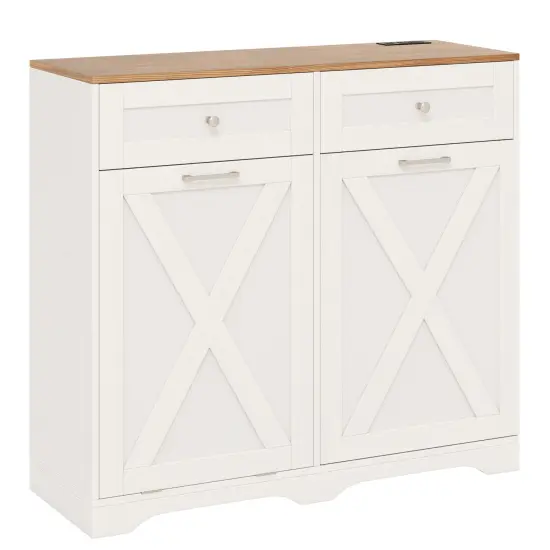 Tilt Out Wooden Trash Can Cabinet with 3 Position Adjustable Shelf and Power Outlets Black {7}