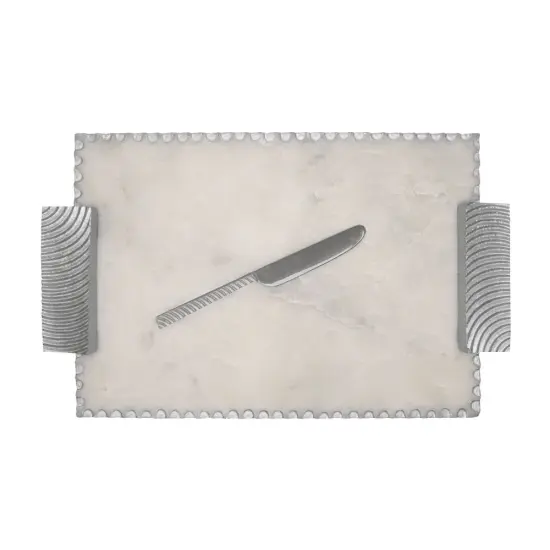 Marble Challah Board Silver Polish with Handles and Knife {3}