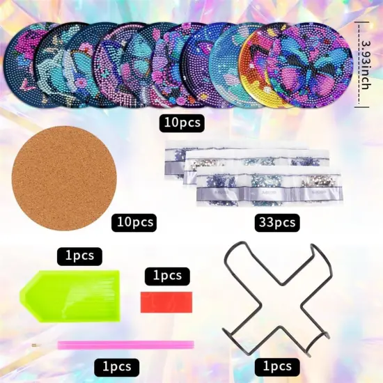 10 Pcs Butterfly Diamond Art Painting Coasters Diamond Art Coasters with Holder, DIY Flowers Diamond Art Painting Kits for Beginners, Adults & Kids, Diamond Kits Craft Supplies, Coasters Gift {3}