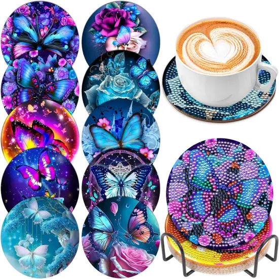 10 Pcs Butterfly Diamond Art Painting Coasters Diamond Art Coasters with Holder, DIY Flowers Diamond Art Painting Kits for Beginners, Adults & Kids, Diamond Kits Craft Supplies, Coasters Gift {1}