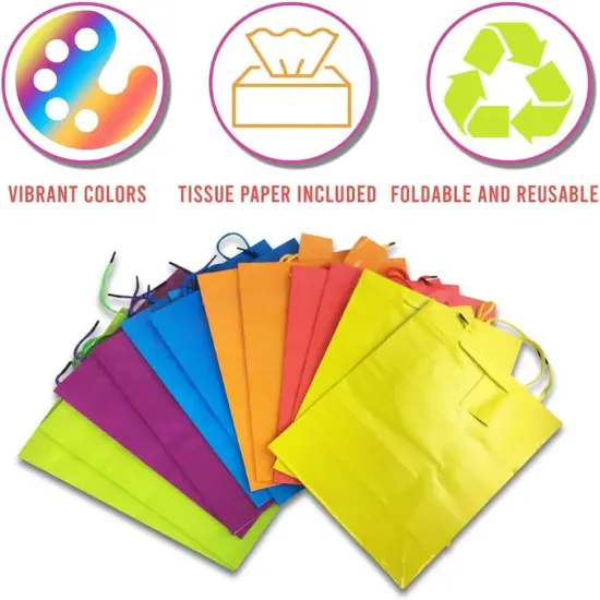 12 Assorted (9" H x 7.5" L x 3.5" W) + 24 Tissue (20" x 26") Bright Neon Colored {4}