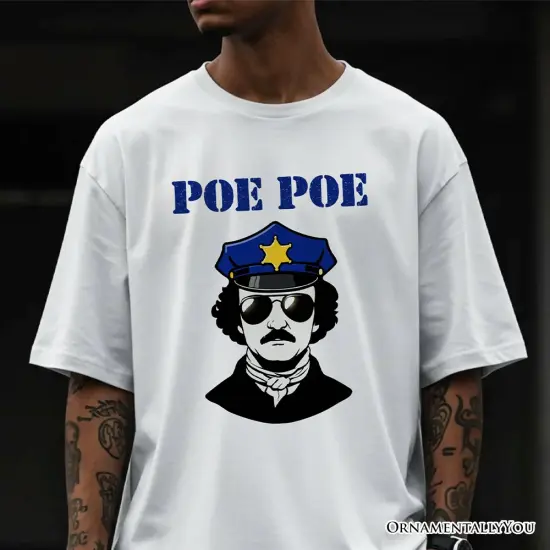 Police Edgar Allan Poe Poe T-Shirt, Navy and White Funny Tee {2}