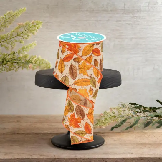 2.5" Leaves and Acorns Ribbon: Tobacco (10 Yards) {4}