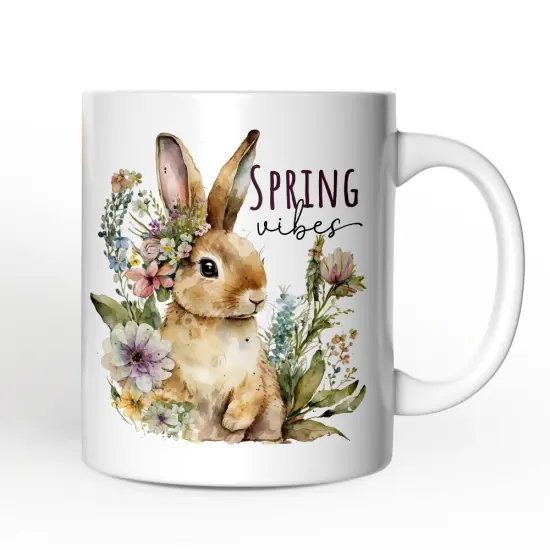 Artistic Watercolor Spring Vibes Mug, Floral Bunny Gift {1}
