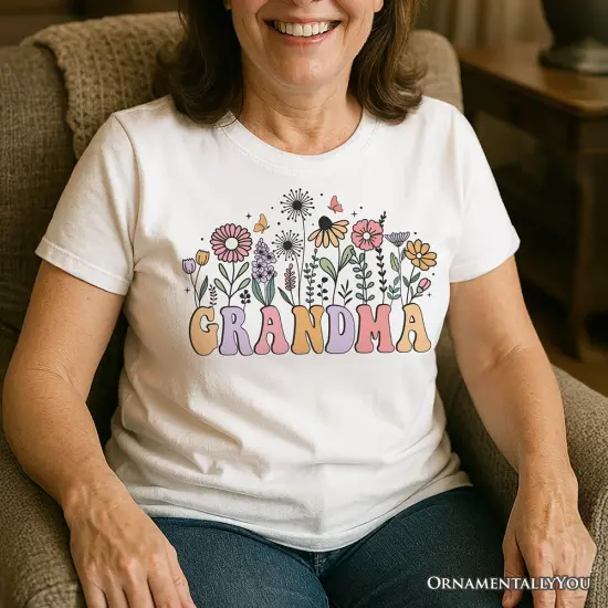 Retro Flowers Grandma T-Shirt, White Floral Tee Gift for Mothers Day {2}