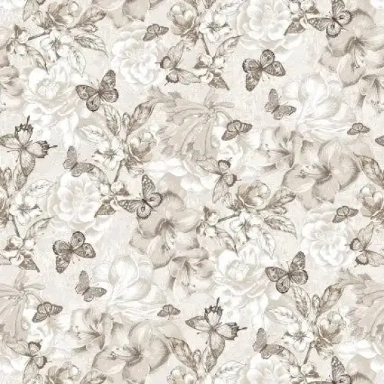 Natural Monotone Butterfly and Floral Cotton Wideback Fabric per yard {1}