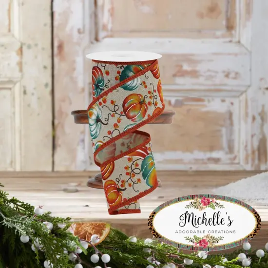 2.5" Pumpkins Bittersweet Ribbon: Light Natural (10 Yards) {2}