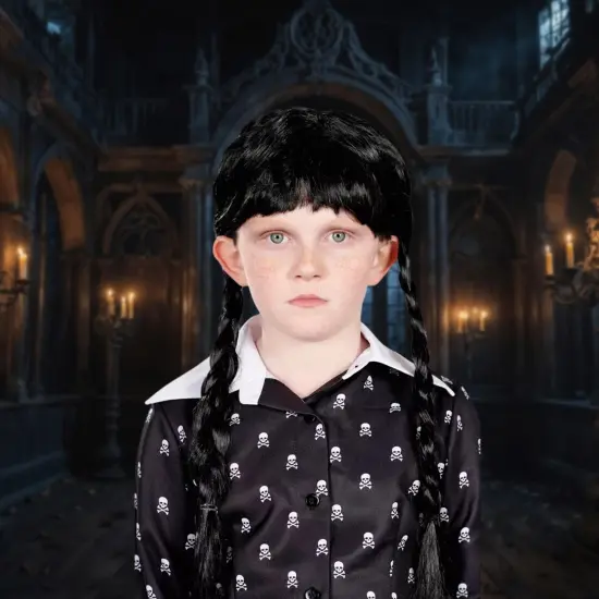 Gothic Girl Black Braided Black Child Costume Wig {3}