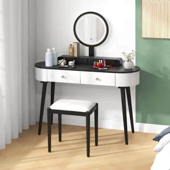 LED Lighted Vanity Table Set with Adjustable Mirror & Cushioned Stool White and Black {2}