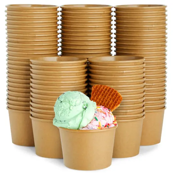 100 Pack Paper Ice Cream Cups, Disposable Dessert Bowls for Sundae Bar, Frozen Yogurt, Brown (8 oz) {1}