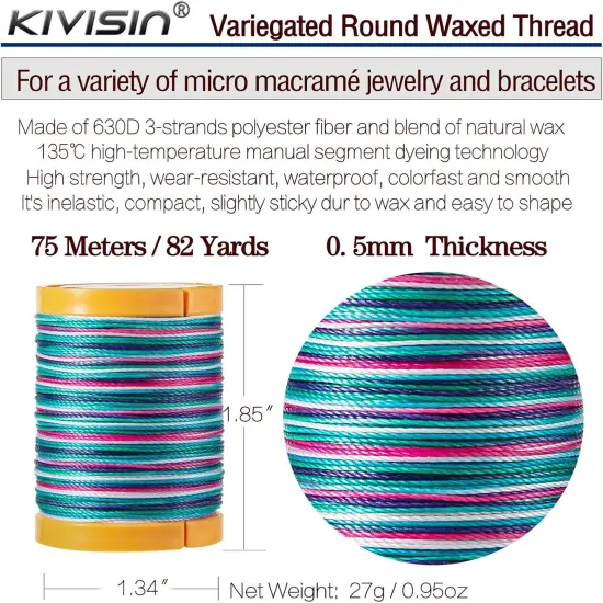 Variegated Waxed Thread 8 Vibrant Color, 0.5mm Wax Coated String 82Yards/Spool, Polyester Wax Cord for Micro Macrame, Bracelets Braiding, Jewelry Making, Beading, Knoting and Kumihimo {2}