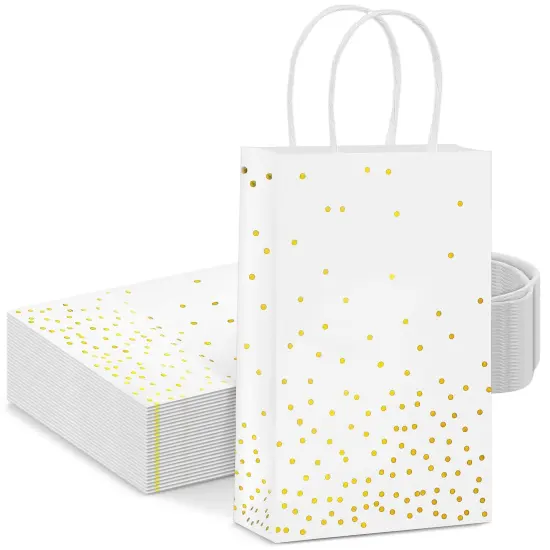 25 Pack Small Gift Bags with Handles - White Paper Bags with Gold Foil Polka Dots for Birthday, Wedding, Retail (5.5x3x9 In) {1}