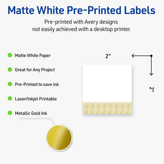 Avery Printable Square Labels with Sure Feed Technology, Pre-Printed Gold Lace Trim Pattern, Matte White, 2" x 2", Laser & Inkjet Compatible, 120 Total, Great for Branding, Marketing, and Events {2}