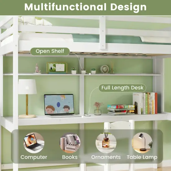 3-in-1 Twin Size Space-saving Loft Platform Bed Frame with 13 Wooden Slat and Safety Guardrails White {5}