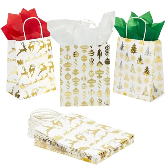 15 Pack Christmas Gift Bags with Handle Set, Includes 24 Tissue Paper Sheets, 10x8 inch Party Favor Bags for Xmas Gift Wrapping (3 Gold Foil Print Designs) {1}