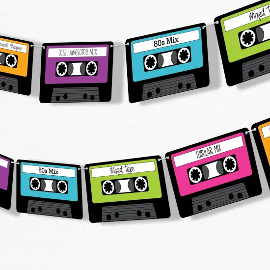 Big Dot of Happiness 80's Retro Garland Banner, Totally 1980s Party Decorations Banner, 30 Feet of Cord, 15 Double-Sided Paper Cassette Tapes {1}