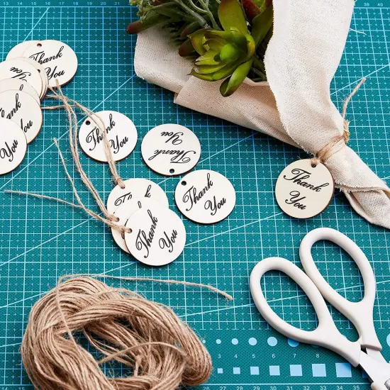 100-Pack Thank You Wood Tags with Twine for Wedding and Baby Shower themed Party Favors, 1.5 Inches Brown {3}
