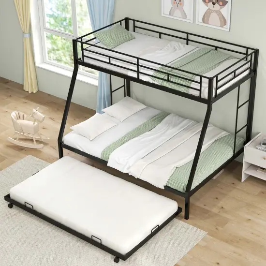 Costway Twin Over Full Metal Slats Bunk Bed Frame with Trundle, Guard Rail & Ladders White/Black {4}