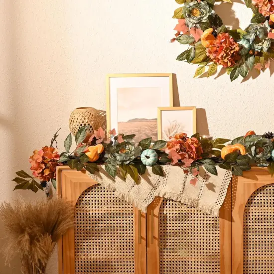 Artificial Fall Floral Garland with Peony Hydrangea and Pumpkins {5}