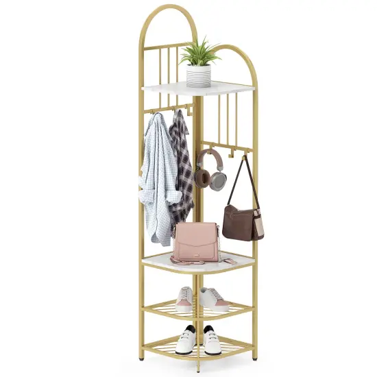 4-Tier Coat Rack Corner Tree with Shoe Bench and Hooks White {4}