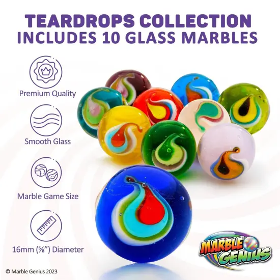 Marble Genius Collectors Marbles, Teardrop, 16mm (⅝ Inch), 10 Handmade Glass Marbles, Gifts for Marble Lovers, Gifts for Kids Ages 3-14 {3}