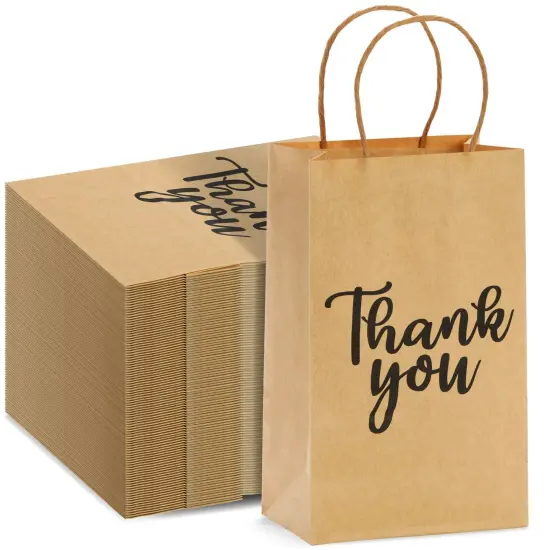 100-Pack Small Thank You Gift Bags with Handles, Brown Kraft Paper Bulk Bags for Weddings, Birthday Party Favors, Gift Wrapping, Retail Small Businesses (9x5.3x3 in) {1}