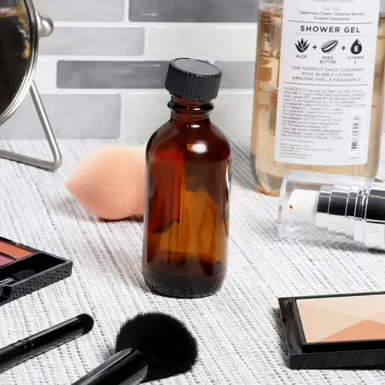 30-Pack 2 oz Amber Glass Bottles with Black Poly Cone Caps and 6 Funnels - Small Boston Round Bottle for Homemade Vanilla Extract, Essential Oils, Perfumes, Liquids Brown {2}