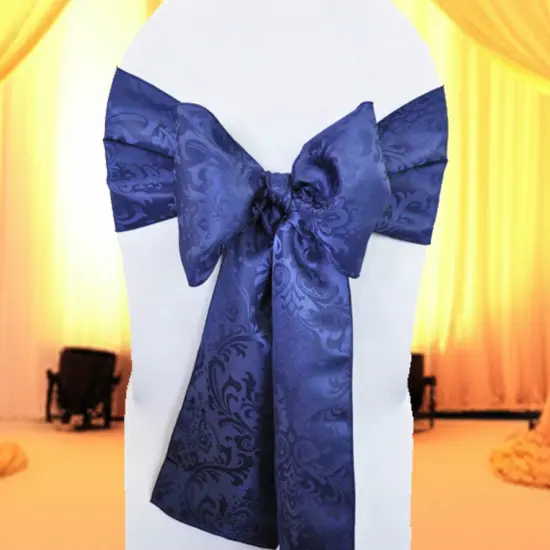 10 Pieces Navy Blue Floral Damask Jacquard Chair Sashes 7.5 x 108 Inches {2}