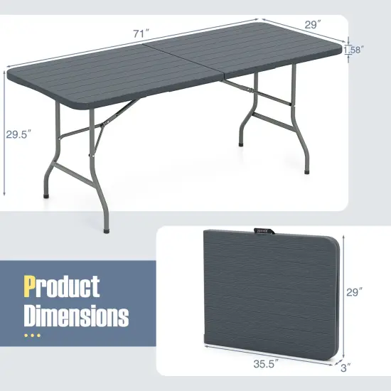 6 Feet Wood Grain HDPE Folding Table with Safety Lock and Metal Legs Perfect for Outdoor Use Grey {5}