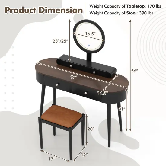 LED Lighted Vanity Table Set with Adjustable Mirror & Cushioned Stool Black-Brown {5}
