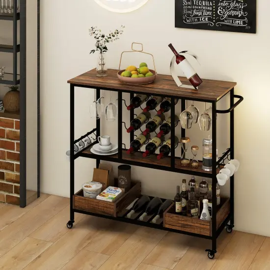 3 Tiers Bar Cart on Wheels with Glass Racks Rustic Brown {3}