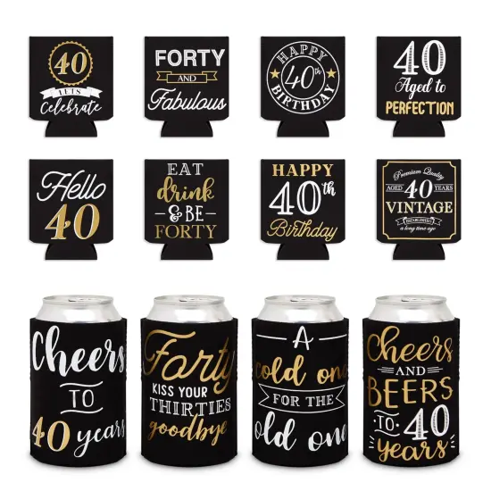 12-Pack Can Cooler Sleeves, 12 Assorted Designs Insulated Neoprene Holder Party Supplies - 40th Birthday Silver {1}