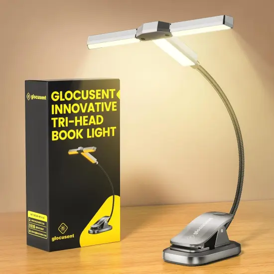 Tri-Head Book Light for Reading in Bed, 3 Colors & 5 Brightness Levels, 1000mAh Rechargeable, with 30-Min Timer, 10-100Hrs, Partner Friendly, Perfect for Book Lovers {1}