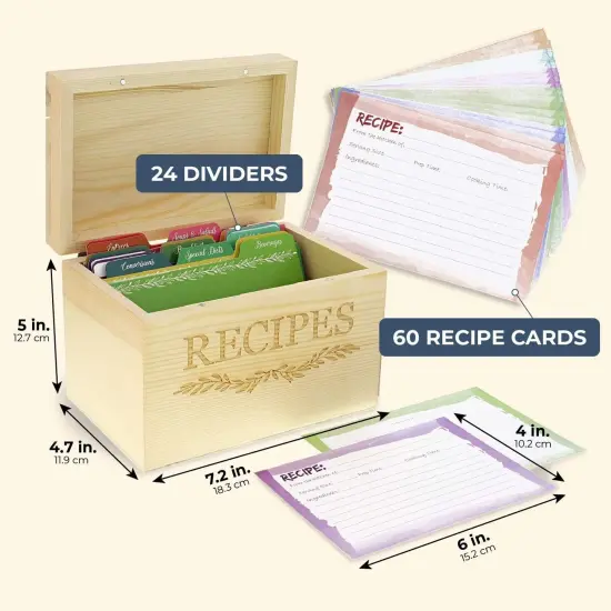 Juvale Wood Recipe Organization Box with Cards and Dividers Brown {2}