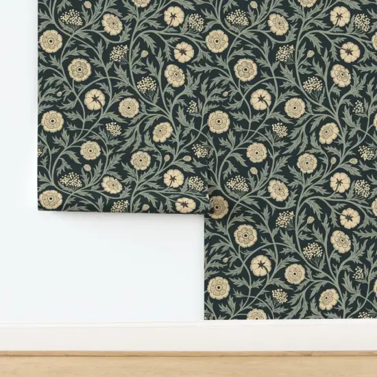 Pre-Pasted Wallpaper 2FT Wide Blue Floral Cream Botanical Traditional Hand Drawn Vines Arts And Crafts Cottagecore Custom Pre-pasted Wallpaper by Spoonflower {2}