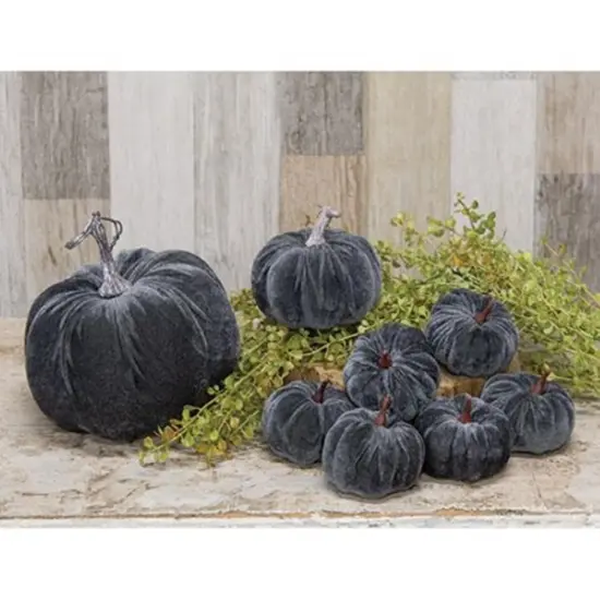 Set of 6 Grey Velvet Pumpkins with Plastic Stem for Home Decor {3}