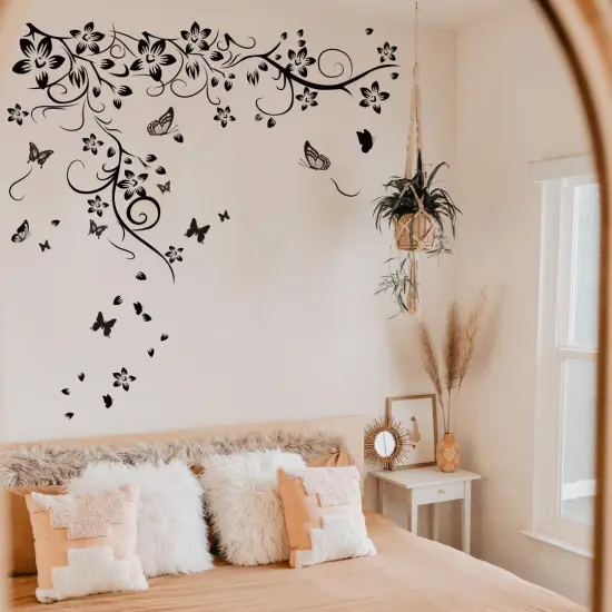 Runtoo Black Flowers Vine Wall Decal Floral Butterfly Wall Stickers Living Room Bedroom Wall Decor {5}