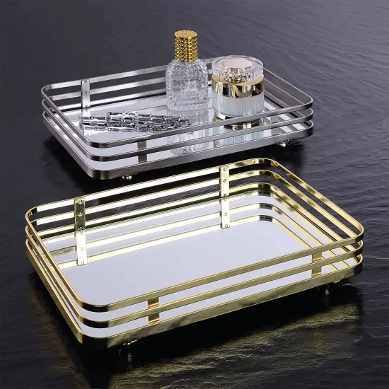 Classic Decorative Vanity Perfume Dresser Jewelry Organizer Makeup Mirror Tray Gold {4}