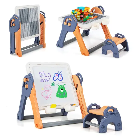 Costway 6-in-1 Multi-activity Kids Play Table & Chair Set with 102 PCS Compatible Bricks {1}