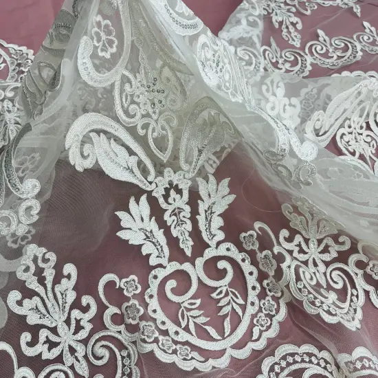 1 Yard Elegant Beaded and Corded Bridal Lace Fabric Embroidered on Polyester Net Mesh 51" Width Ivory with Silver {2}