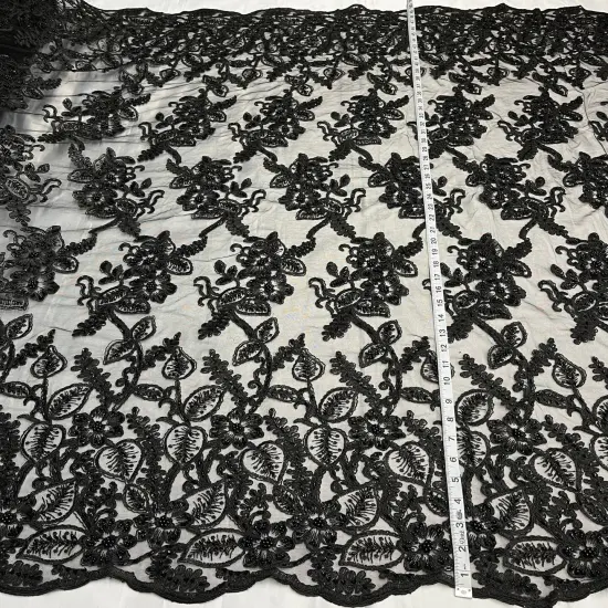 1 Yard Beaded and Corded Bridal Lace Fabric Embroidered on Soft Polyester Net Mesh 50" Width Black {1}