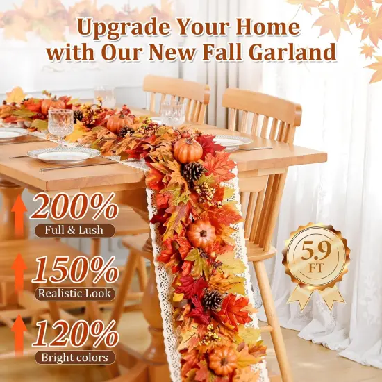 5.9 Ft Fall Leaves Garland with Pumpkins {3}