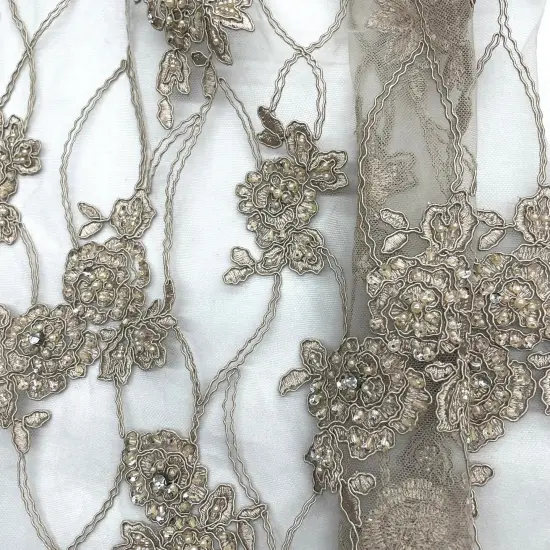 1 Yard Blush Beaded & Corded Bridal Lace Embroidered on Fabric 52" Wide Polyester Net Mesh Taupe {5}