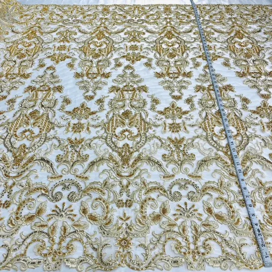1 Yard Beaded Corded Bridal Lace Fabric on 100% Polyester Net Mesh, 53" Wide, Elegant Embroidered Design Silver {2}