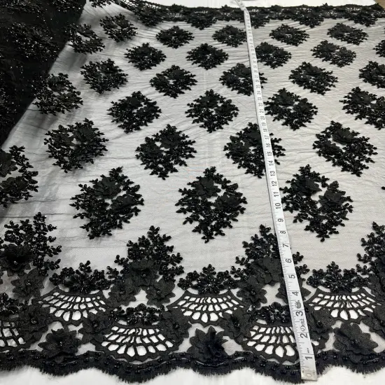 1 Yard Beaded 3D Floral Embroidered Lace Fabric on Polyester Net Mesh, 52" Width Black {1}