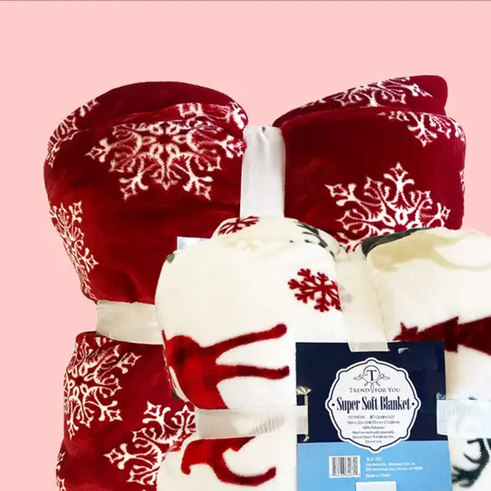 98x92" Oversized Sherpa Blanket Deer & Snowflake Design, Ultra-Soft Flannel Fleece Front Red {5}